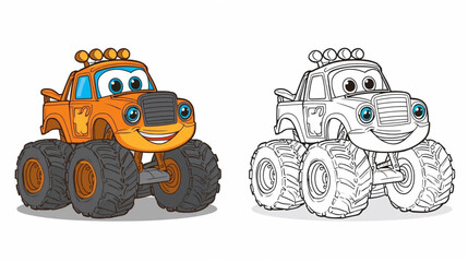 Coloring book-style illustration of smiling monster truck © Pemuda