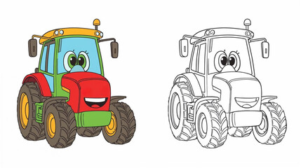 Coloring book-style illustration of smiling tractor
