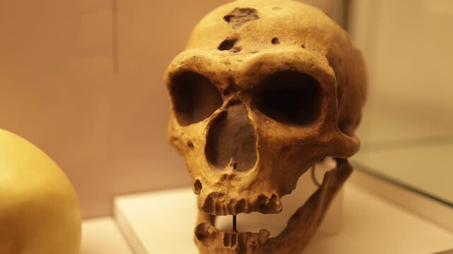 Neanderthal skull replica showing human evolution in a museum display case. Paleontological and anthropological evidence of a prehistoric hominid ancestor from the stone age