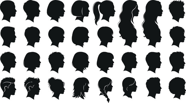 Large collection of human head silhouettes featuring various male and female hairstyles and profile views for avatar designLarge collection of human head silhouettes featuring various 