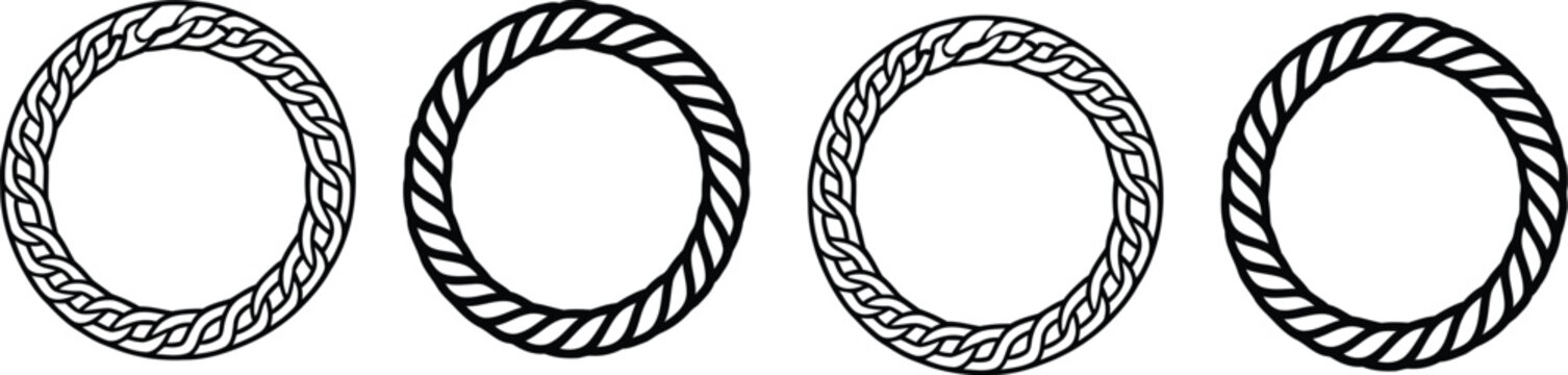 Set of round rope frames and twisted circle borders with braided patterns for nautical marine or decorative graphic design elements.