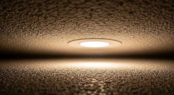 Close up of a recessed spotlight illuminating a textured popcorn ceiling.