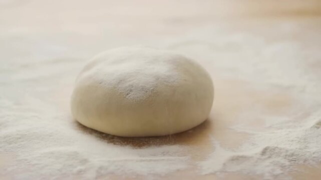 Slow motion shot of a smooth round ball of raw bread dough falling onto a floured white surface, with a soft bokeh effect in the background