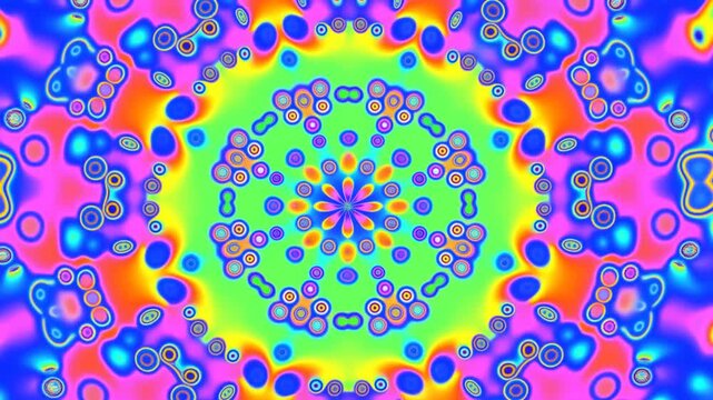 Motion shot of vivid psychedelic kaleidoscope pattern with colorful abstract circles and symmetrical fractal design on loop