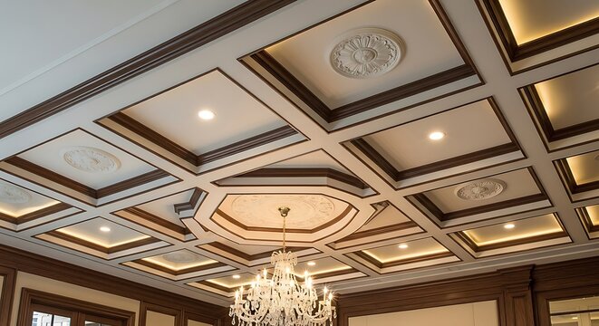 Elegant coffered ceiling with crown molding and recessed lighting.