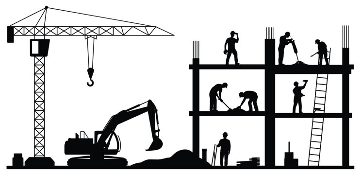 Building Progress: Construction scene with workers and heavy machinery, representing labor and industry. Silhouette building site, crane operations, construction work.