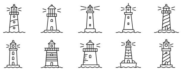 Coastal Guardians: A collection of stylized lighthouse illustrations, offering guidance and safety. Seascape, beacon of hope, maritime navigation, coastal architecture, guiding light. © Joba Vector Studio