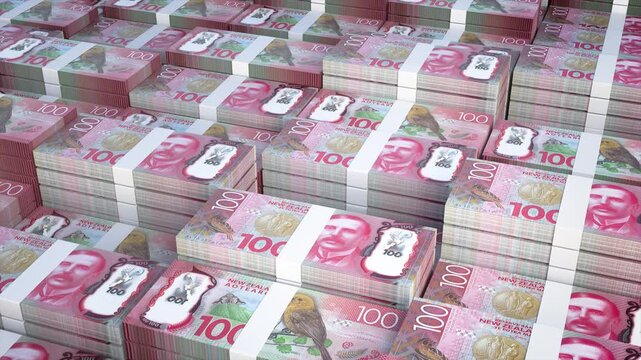 New Zealand 100 Dollar Banknotes Stack with Slow Camera Movement, Realistic 3D Animation of New Zealand Currency Money 4K