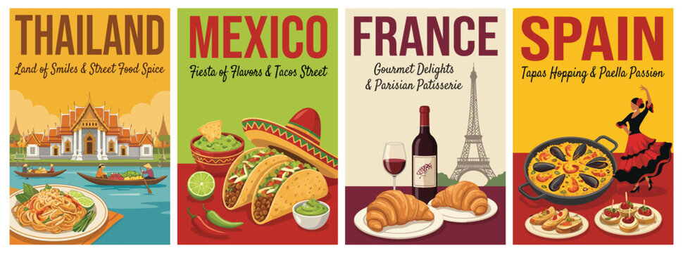 Vintage food travel poster set. Including thailand pad thai, mexico tacos, france croissant, and spain paella tapas. Retro vector illustration.