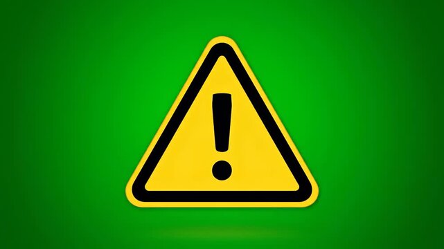 Caution Sign: A close-up view of a warning sign, featuring a vibrant yellow triangle with a bold black exclamation point against a vibrant green backdrop, representing potential hazards and alerts.