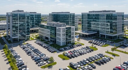Fototapeta premium Contemporary business park with sleek glass office buildings and vast parking lots, an aerial view reflecting modern corporate architecture and urban commercial growth