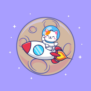 Cute Cat Astronaut Riding Rocket In Space Cartoon 