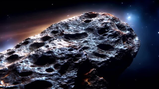 Space universe exploration, fantasy, mysterious. A vivid, highresolution digital artwork depicts an asteroid in space. The asteroid is depicted in a dynamic pose.