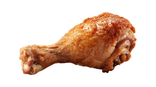 Crispy fried chicken drumstick with golden brown breaded skin isolated on a white background