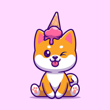 Cute Shiba Inu Dog With Ice Cream Cone Cartoon