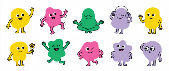 Fototapeta premium Cute blob character set, 10 colorful mascot icons, funny organic shapes in various poses, EPS