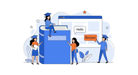 Language learning concept with students and online education symbols © SaljuCreative
