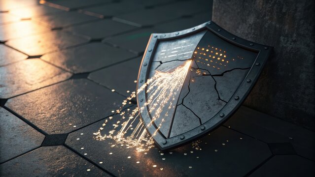 A medieval-style shield is cracked and pierced by sparks and molten metal, resting against a dark textured wall on a hexagonal tiled floor.