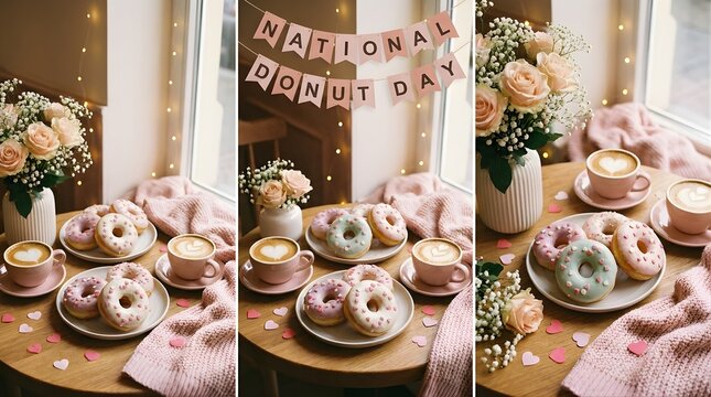 Celebrating national donut day with sweet treats and coffee on a cozy table