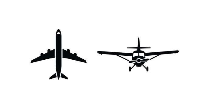 Airplane and small plane silhouettes against a white background silhouette