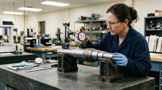 Engineer evaluates a stepped pump shafts straightness on Vblocks highlighting detailed measurement with dial indicator in a quality control lab.