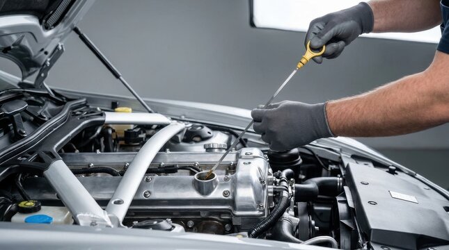 Mechanic wearing gloves checks car engine oil level with dipstick Maintenance