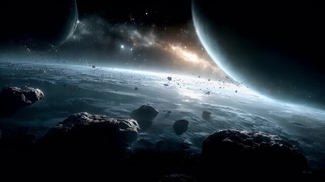 Space universe exploration, fantasy, mysterious. A vivid, highresolution digital artwork depicts a celestial scene. The main subject is a vast expanse of space.