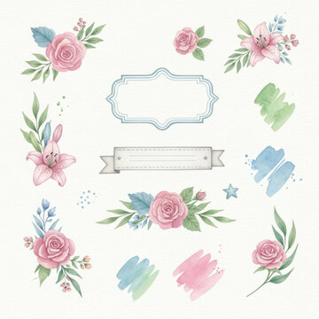 Watercolor floral set with roses, lilies, butterflies, and decorative frames