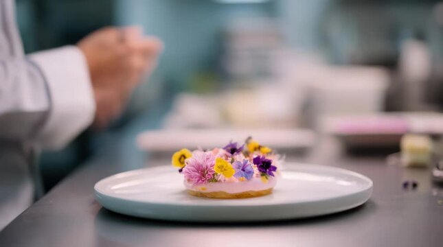 Pastry chef decorates dessert with colorful edible flowers in a bakery kitchen