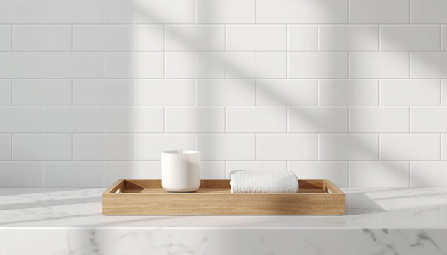 Modern bathroom vanity with minimal spa decor on a marble countertop, soft sunlight