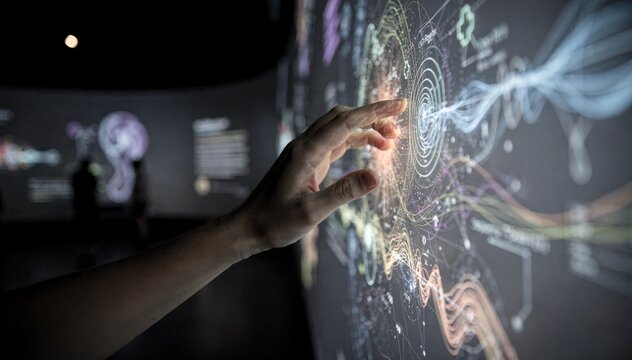 Closeup of a hand touching a wall projection displaying animated diagrams and text reacting instantly to the visitors position in an interactive museum exhibit.