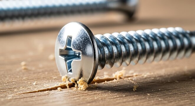 Close up of a metal screw being driven into wooden plank.