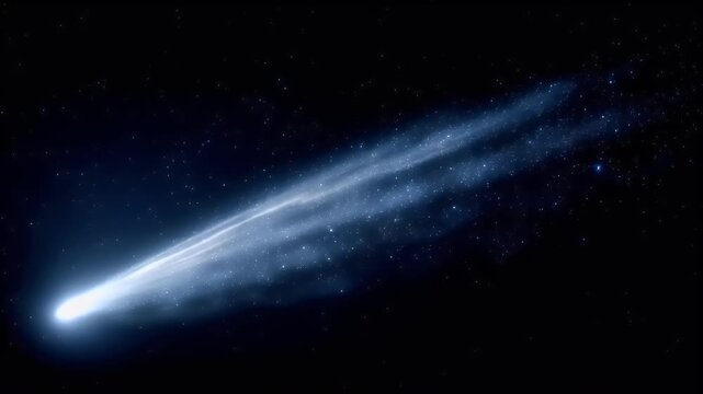 Space universe exploration, fantasy, mysterious. A digital artwork depicts a celestial scene. A bright, elongated comet is the main subject, emitting a radiant white glow against a deep blue backdrop.