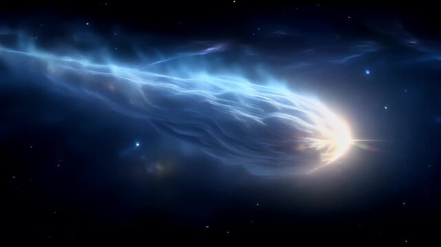 Space universe exploration, fantasy, mysterious. A vivid digital artwork depicts a celestial scene. A large, ethereal object, resembling a comet or meteor, is the main subject. It emits a bright.