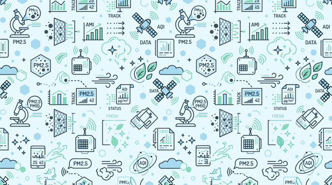 Air quality tracking symbols and particulate matter icons forming a continuous seamless pattern for smart city materials.
