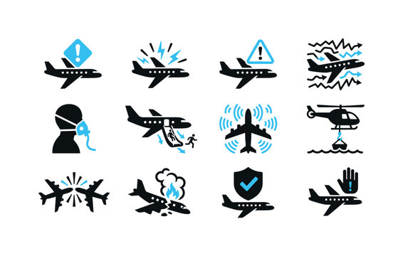 Collection of airplane emergency and safety icons for aviation incidents