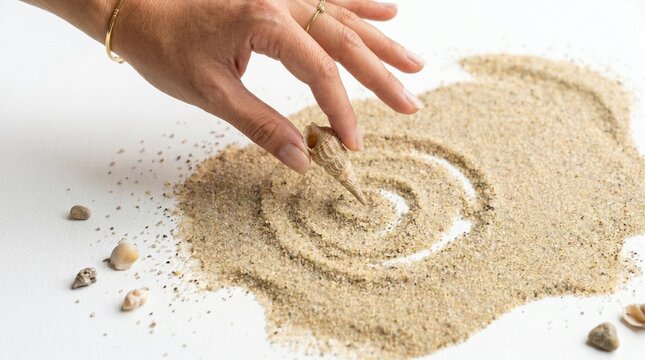 Woman drawing circles in beach sand with seashell. Summer vacation concept and creative zen sand art. Relaxation and meditative travel activity with natural materials on white background.