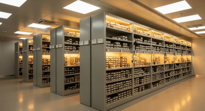 Extensive climate controlled archive storage units filled with organized collections and scientific specimens in a modern facility.