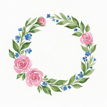 Watercolor floral wreath with letter a monogram, pink roses and blue flowers