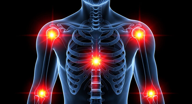 Human skeleton with red glowing joint pain points on shoulders elbows and chest