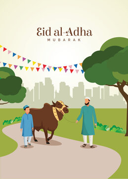 Eid Al Adha Celebration of Muslim holiday Background. The sacrifice a cow Eid-al-adha concept Islamic vector illustration.