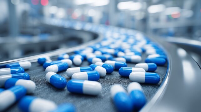 Blue and white capsules moving on conveyor belt in modern pharmaceutical production facility