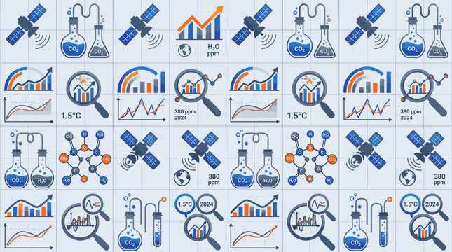 Atmospheric research symbols and climate science icons integrated into a sleek seamless repeating pattern for innovation hubs.