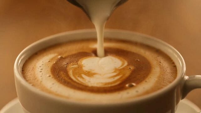 Latte coffee with heart latte art top view close up