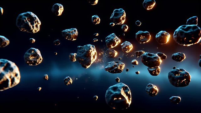 Space universe exploration, fantasy, mysterious. A vivid, highresolution digital artwork depicts a chaotic scene of asteroids in space. The asteroids are depicted in various sizes and shapes.