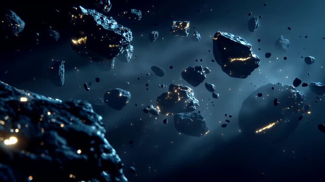 Space universe exploration, fantasy, mysterious. A vivid, highresolution digital artwork depicts a chaotic scene of asteroids in space. The main subject is a large, jagged rock.