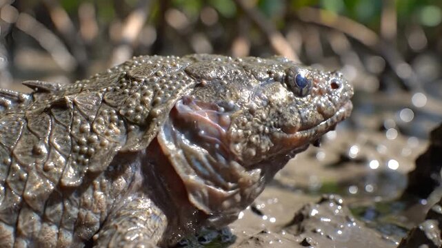 Close up of a mudskipper fish in its natural muddy habitat.