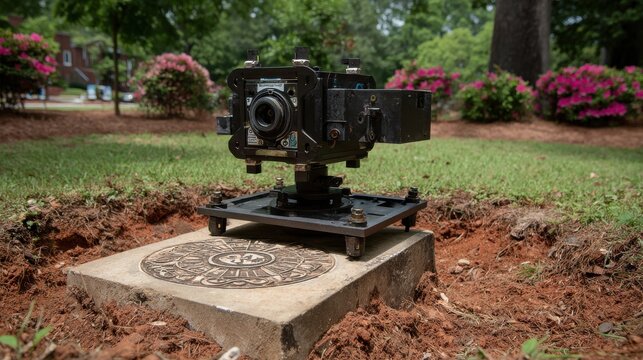 Black magnetic utility locator device positioned on concrete near underground access point outdoors