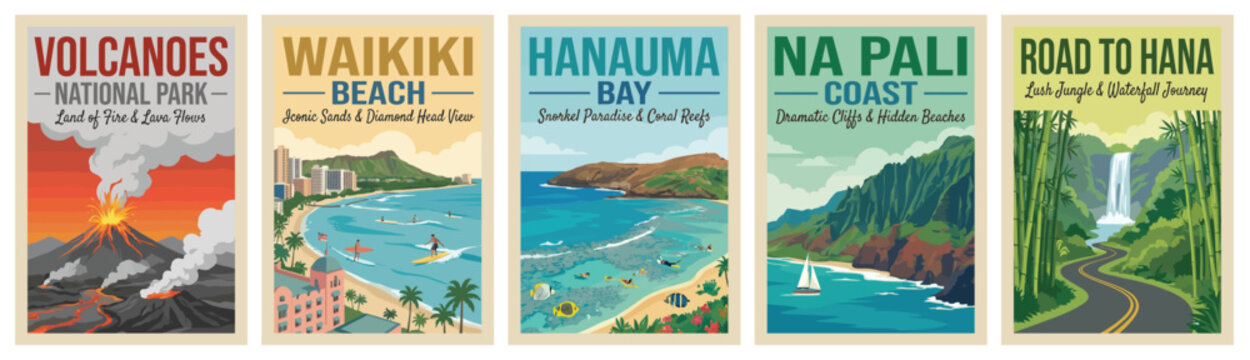 Vintage hawaii travel poster set. Including volcanoes national park, waikiki beach, hanauma bay, na pali coast, and road to hana. Retro vector illustration.