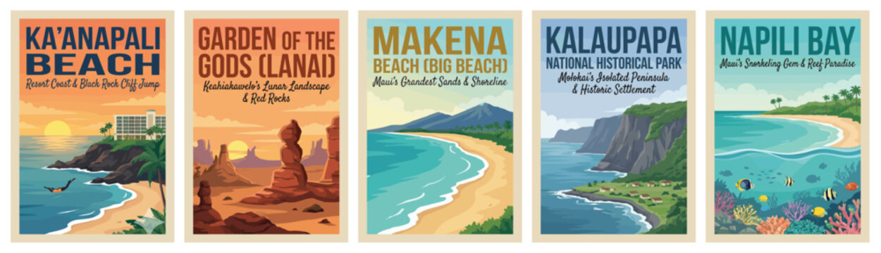 Vintage hawaii travel poster set. Including kaanapali beach, garden of the gods, makena beach, kalaupapa, and napili bay. Retro vector illustration.